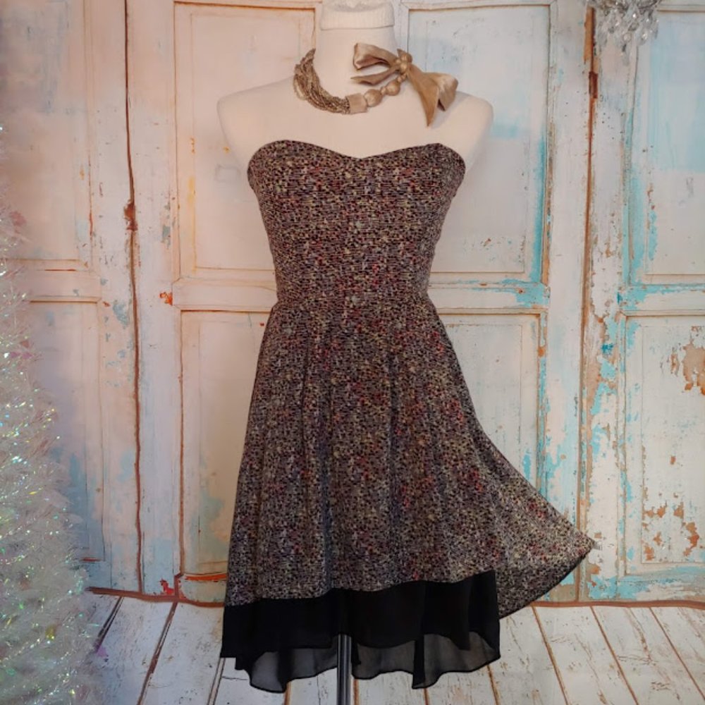BCBG generation strapless sheer layer stretch dress/size XS/black multi-colors